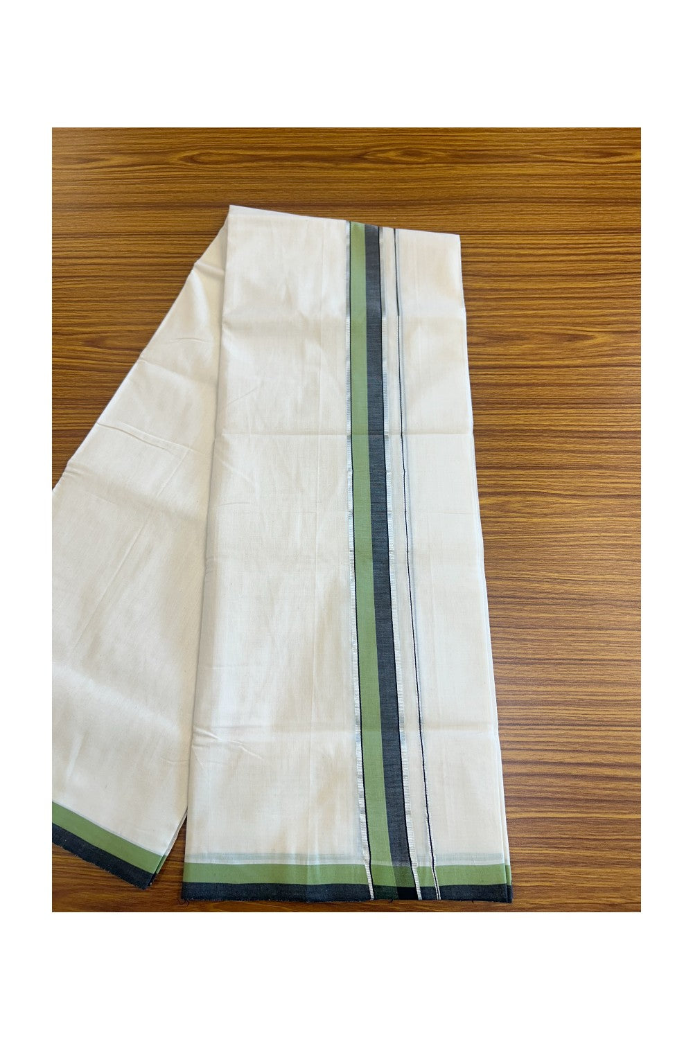 21% Discount KaithariKada HANDLOOM Unakkupaav Balaramapuram - 100% PURE Cotton off white (Unbleached) Double Mundu/Dhoti -  2.inch  Silver Kasavu Green & Black-155