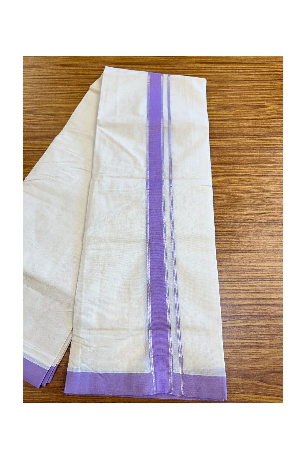 21% Discount !! KaithariKada Balaramapuram 100% Cotton Double Off white -(Unbleached) Mundu/Dhoti-100x80 - 2inch Silver Kasavu & Lavender Kara- 5KK5045ASH