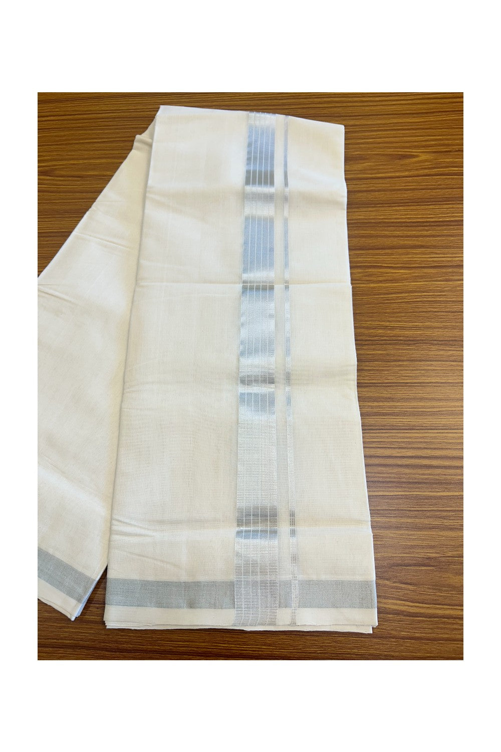 15% DISCOUNT! KaithariKada HANDLOOM Millpaav Balaramapuram - 100% PURE Cotton Off White (Unbleached) -  Double Mundu/Dhoti - 2.25inch Silver Kasavu Stripes-43