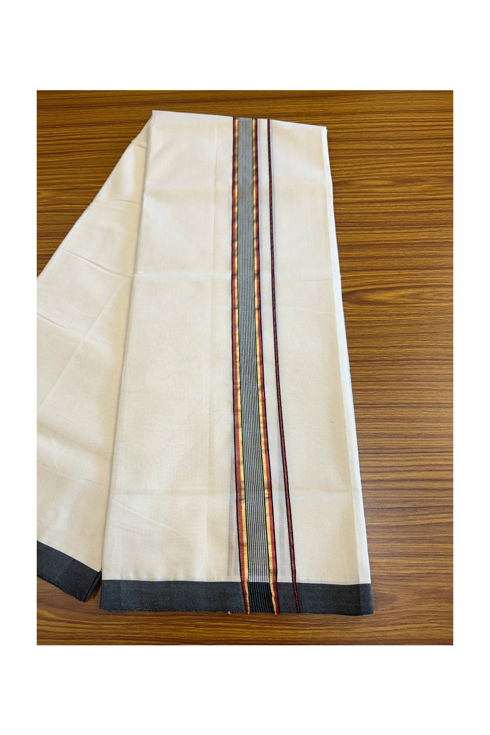 19% DISCOUNT!! KaithariKada HANDLOOM Millpaav Balaramapuram - 100% PURE Cotton OFF White Double - (Unbleached) Mundu/Dothi - 2 Inch Red & Black Gold Kasav Striped Kara - 5KK5056RAM