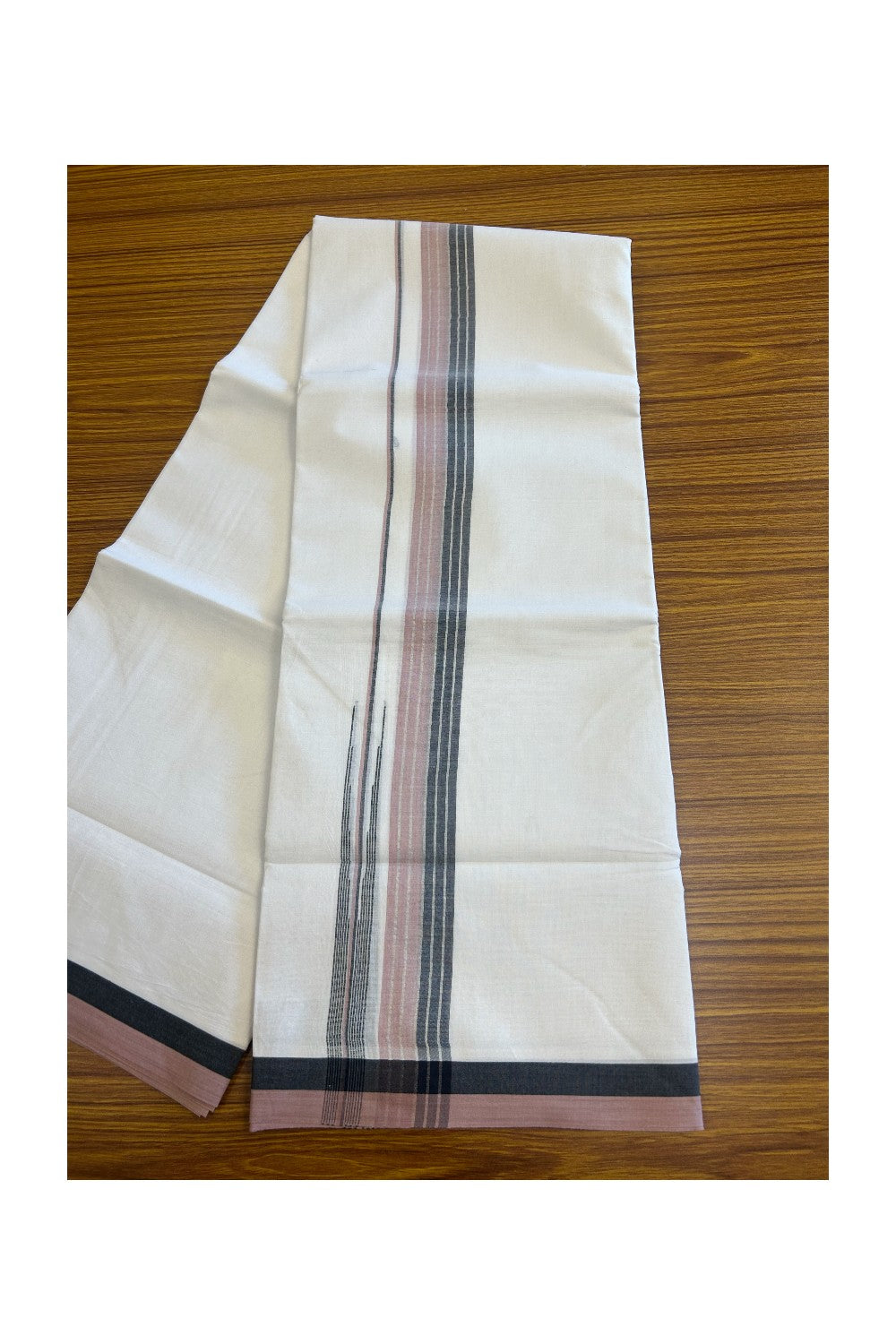 19% Discount!!! KaithariKada Balaramapuram  PURE WHITE Double Mundu/Dhoti - 80X90 - 2 inch Silver stripes Black & Dusty Rose  puliyilakkara striped chutty kara 3.85 meters - 5KK5058GUN