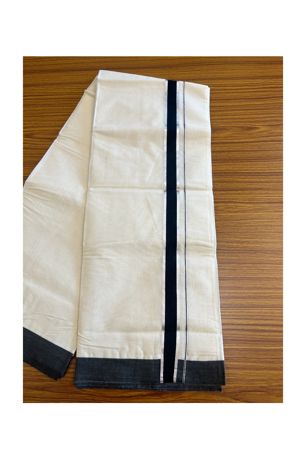 19% Discount ! KaithariKada Balaramapuram 100% Cotton Double Off white - (Unbleached) - Mundu/Dhoti-80x72 - 1.75inch Silver Kasavu & Black Kara.- 2