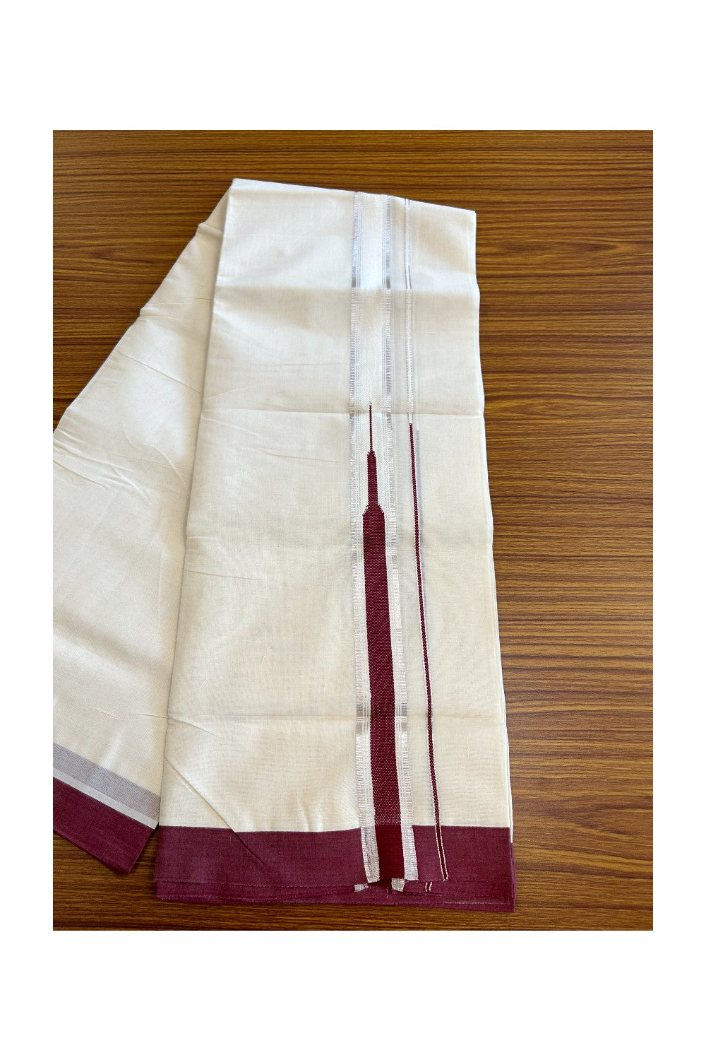 24% DISCOUNT! KaithariKada Balaramapuram 100% Cotton Double Off white - (Unbleached) Mundu/Dhoti-100x100 2 inch Chutty Heavy Designer Dark Maroon & SILVER Kasavu Kara - 5KK5063KK