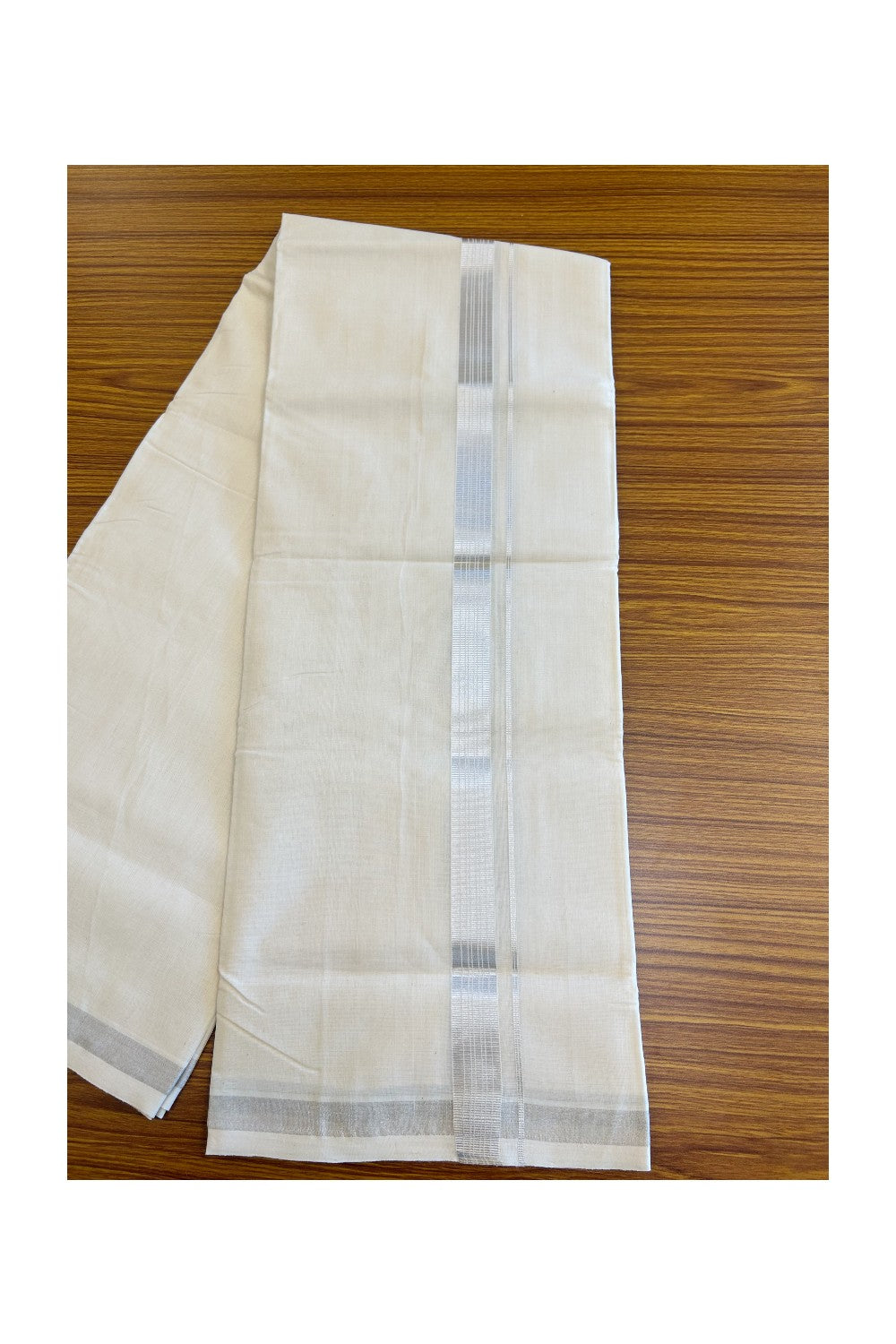 25% DISCOUNT ! KaithariKada HANDLOOM Millpaav Balaramapuram - 100% PURE Cotton Off White - (Unbleached) Double Mundu/Dhoti - Silver KASAVU Stripes Design-6KK43RAN.