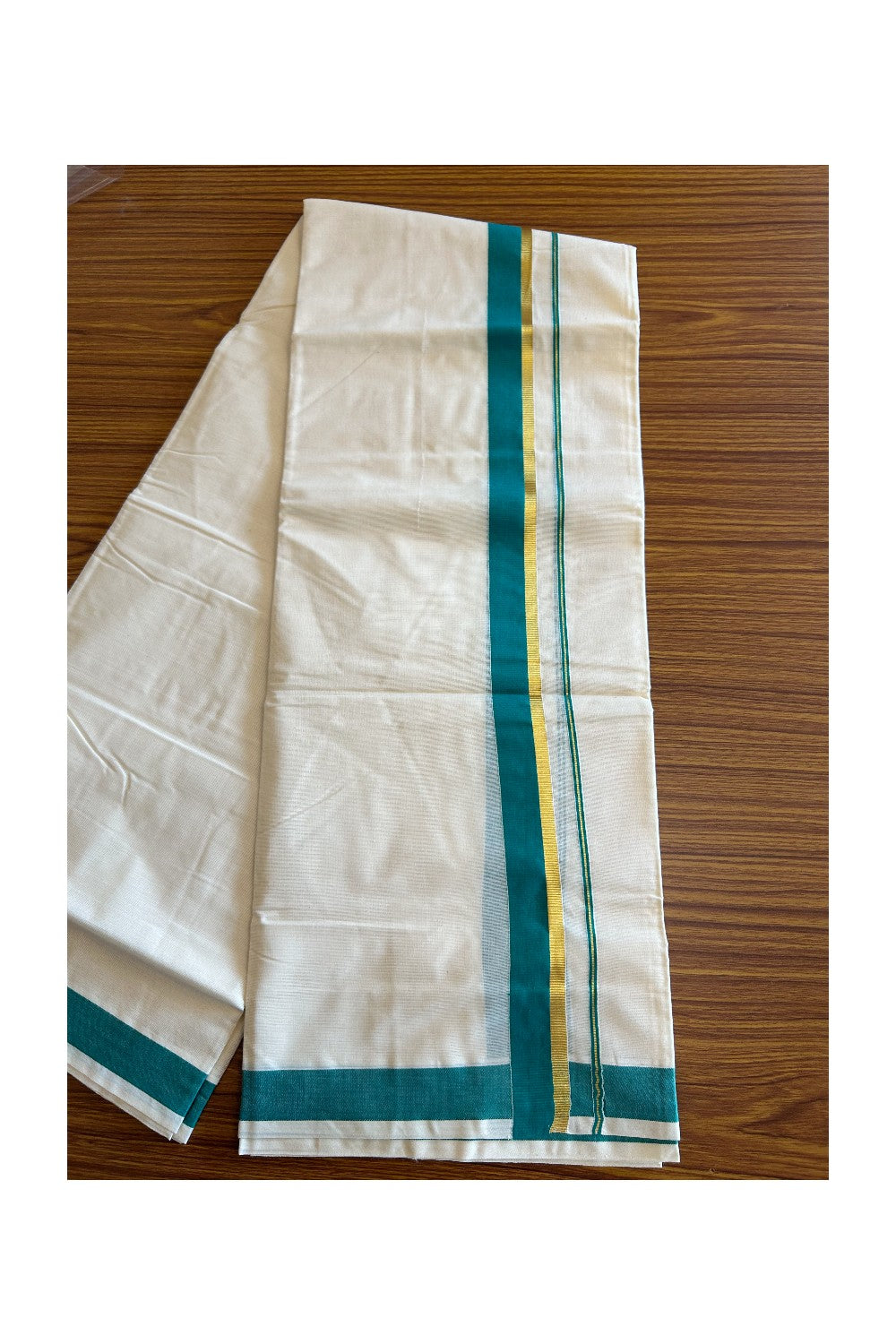 10% Discount! KaithariKada Balaramapuram 100% Cotton Off White - (Unbleached) Double Mundu/Dhoti-80x72 GREEN & KASAVU - 2KK57VIN