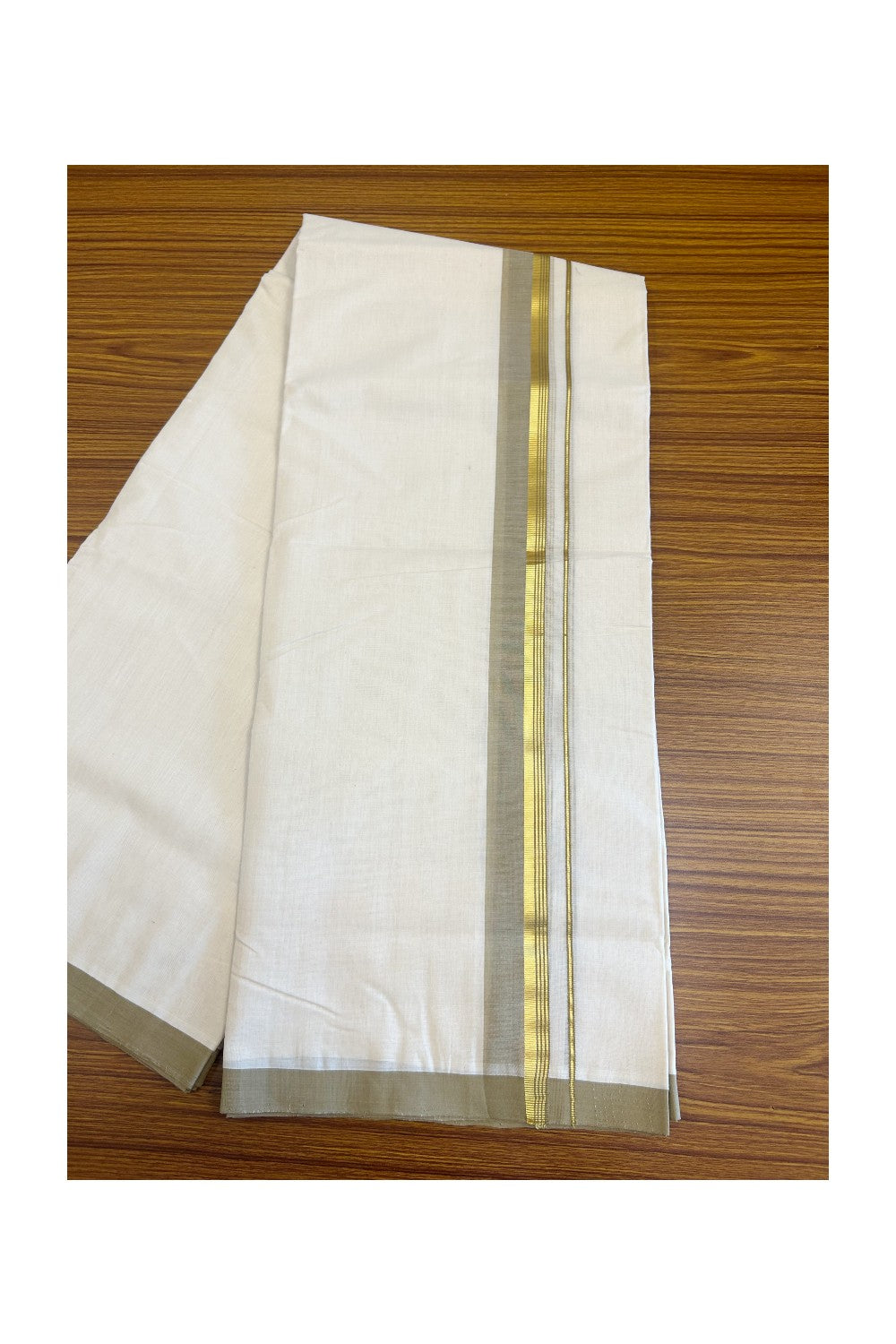 19% Discount !! KaithariKada HANDLOOM millpaav Balaramapuram - 100% PURE Cotton OFF White Double - (Unbleached)  Mundu/Dothi - 2.25  inch Kasavu stripes & Brownish Green Kara 4.5 Meters (10 Muzham) - 5KK5081RAM