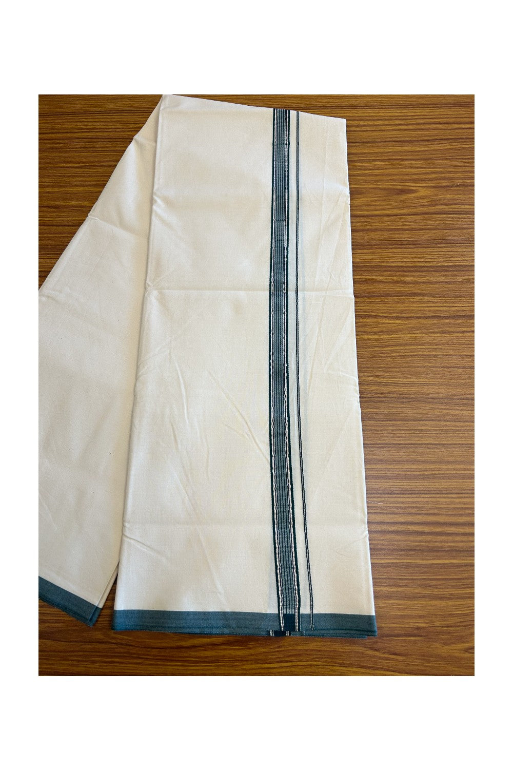 19% DISCOUNT ! KaithariKada Balaramapuram 100% COTTON SINGLE OFF WHITE - (Unbleached) Mundu/Dhoti-Twisted 100s Thread- 1.25 inch Dark Green & Silver Striped Kara (2 metre / 4 muzham) - 5KK5084ASH