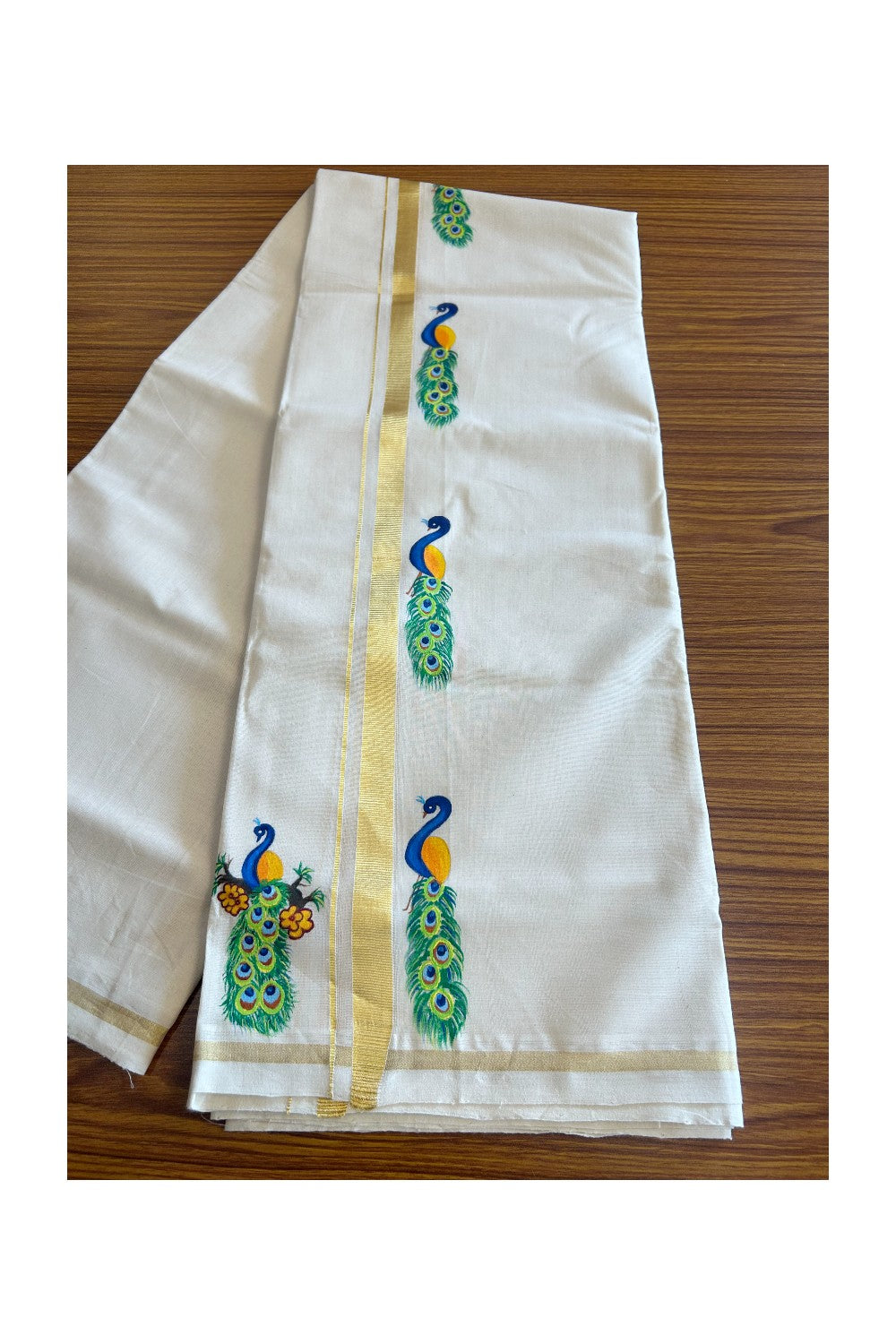 KaithariKada HANDLOOM Millpaav Balaramapuram - 100% PURE Cotton OFF White - (Unbleached) Double Mundu/Dothi - 1 Inch Kasavu kara Hand Painted Peacock Design - 5KK5091RAM