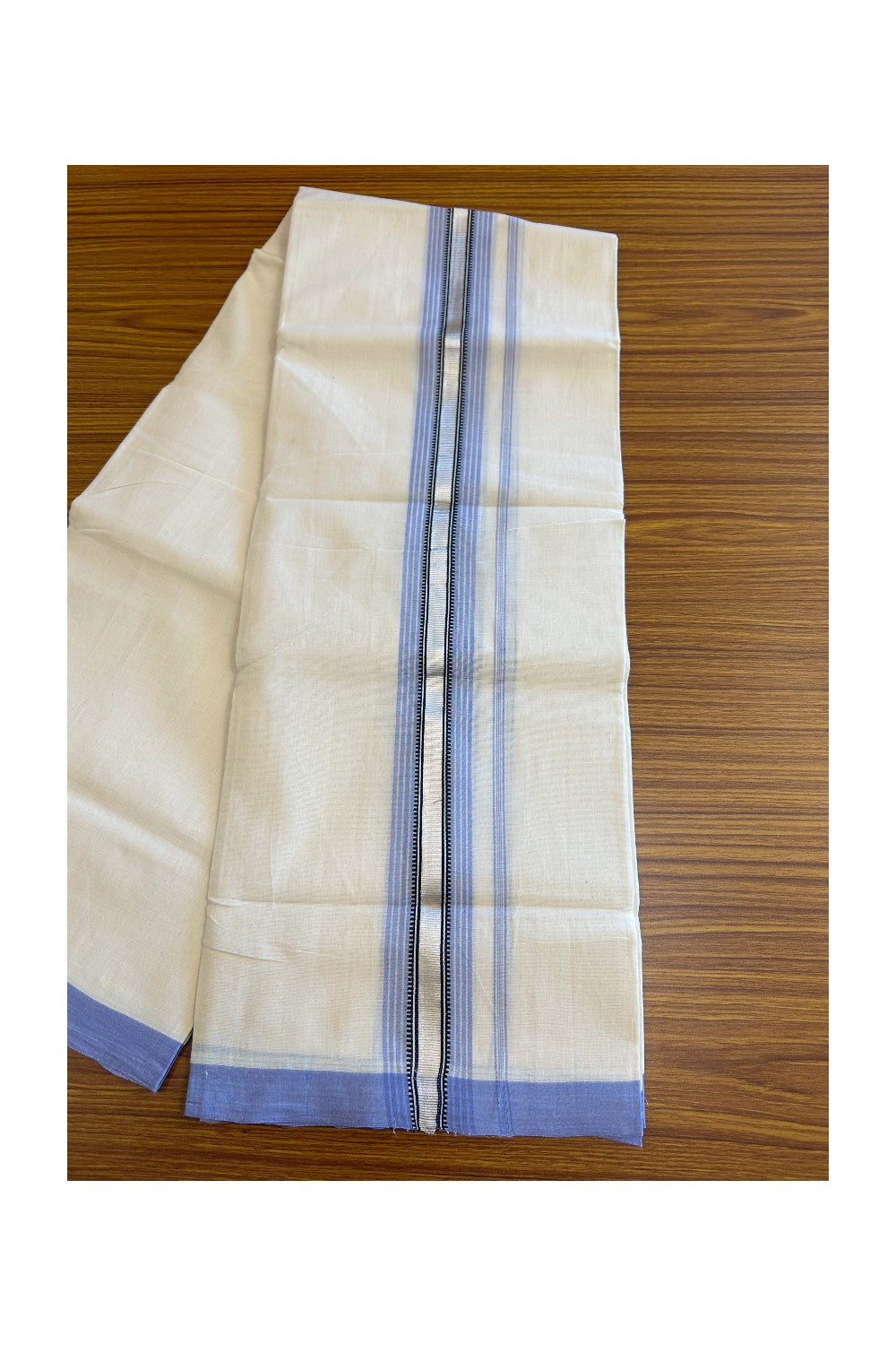 19% Disocunt! KaithariKada HANDLOOM UNAKKUPAAV Balaramapuram - 100% Cotton Double OFF White (Unbleached) - Mundu/Dhoti - 100x100 3.25 inch Lavendar & Black Silver kasavu Stripes Kara - 5KK5096YAR