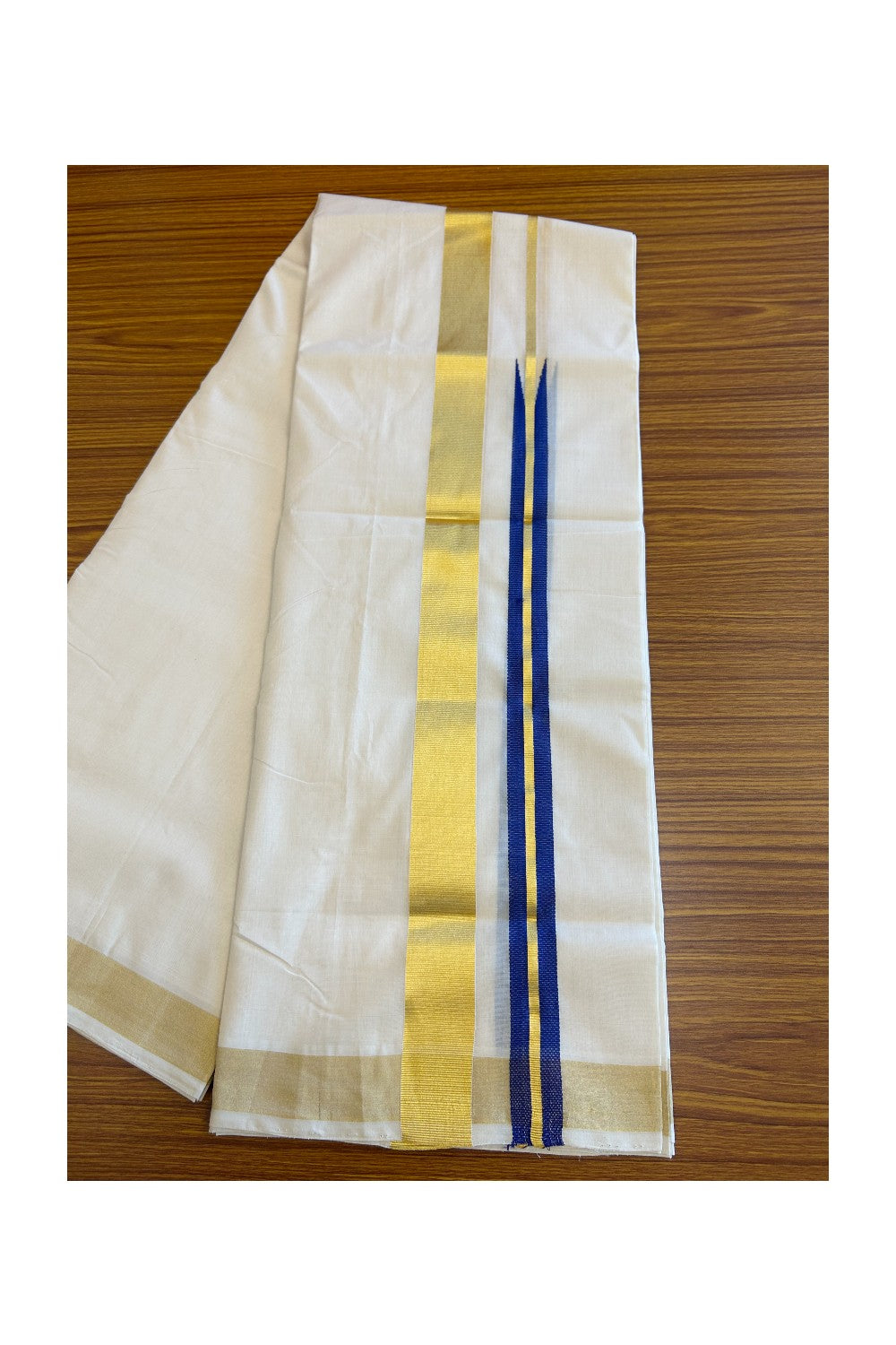 30% DISCOUNT ! KaithariKada HANDLOOM Unakkupaav Balaramapuram - 100% PURE Cotton Off White - (Unbleached) Double Mundu/Dhoti - 100x100 1.5 Inch Kasavu Navy blue long Chutty - 5KK5097ABH