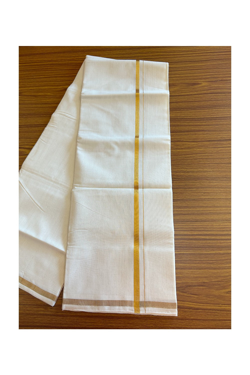 30% DISCOUNT!! KaithariKada HANDLOOM Unakkupaavu Balaramapuram - 100% Cotton Double OFF White - (Unbleached) Mundu/Dhoti - 100x100 - 0.75 inch Gold Kasavu Kara 3.80 meters - 5KK5099ELA