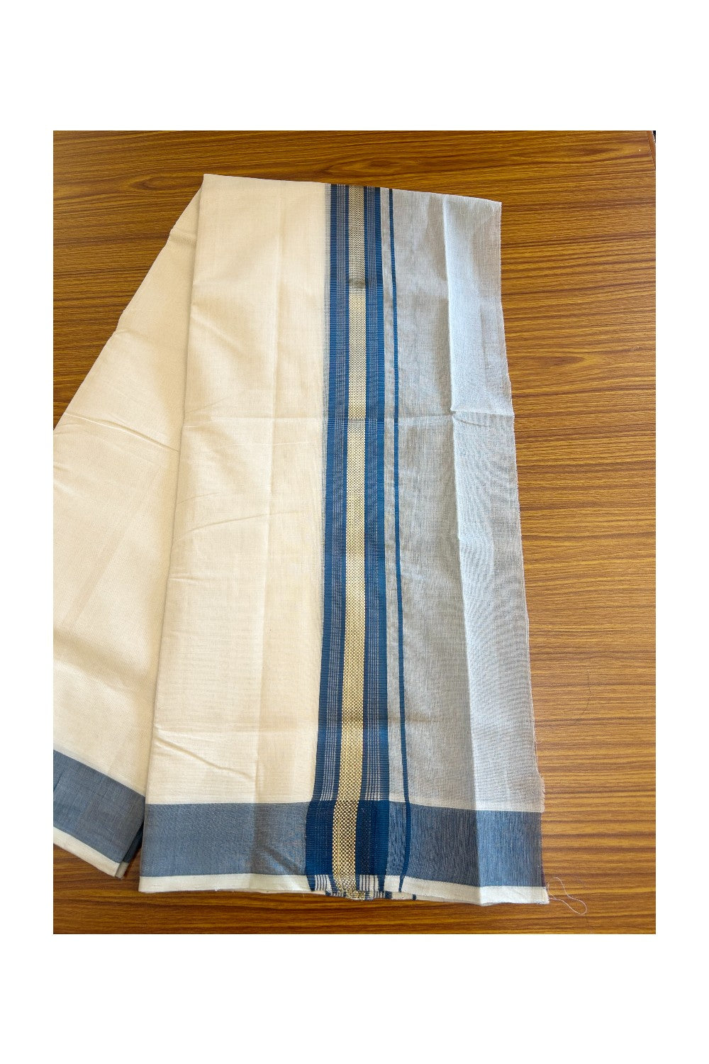 30% DISCOUNT! KaithariKada HANDLOOM Millpaav Balaramapuram - 100% PURE Cotton Off White (Unbleached) -  Double Mundu/Dhoti - 7 inch Gold Kasavu & Blue Half Tissue Kara- 5KK5105RAM