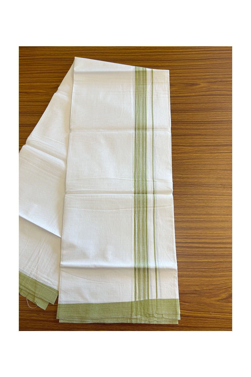 8% Discount ! Kaitharikada Balaramapuram 100% Cotton PURE WHITE SINGLE Mundu/Dothi- 1.75 inch Light Green Striped Kara (2 meter / 4 muzham) - 5KK5018GAN