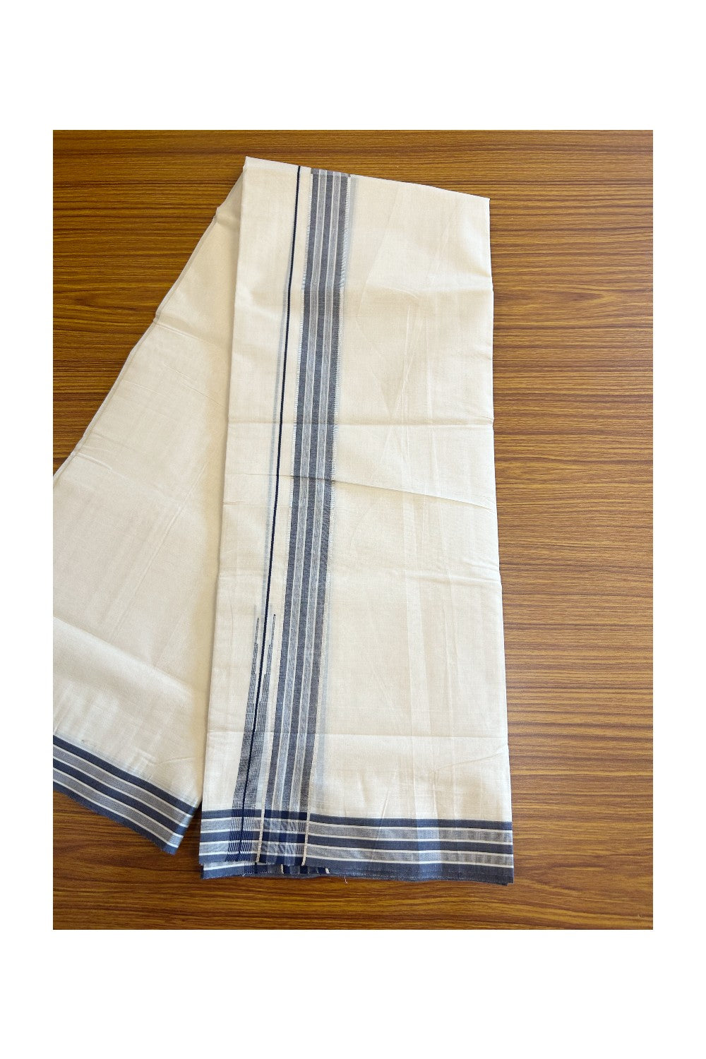 19% DISCOUNT! KaithariKada Balaramapuram 100% Cotton  Off white (Unbleached) Double Mundu/Dhoti-100x100 1.75 inch Puliyilakkara Blue & Silver Kasavu Chutty kara - 5KK5110THI