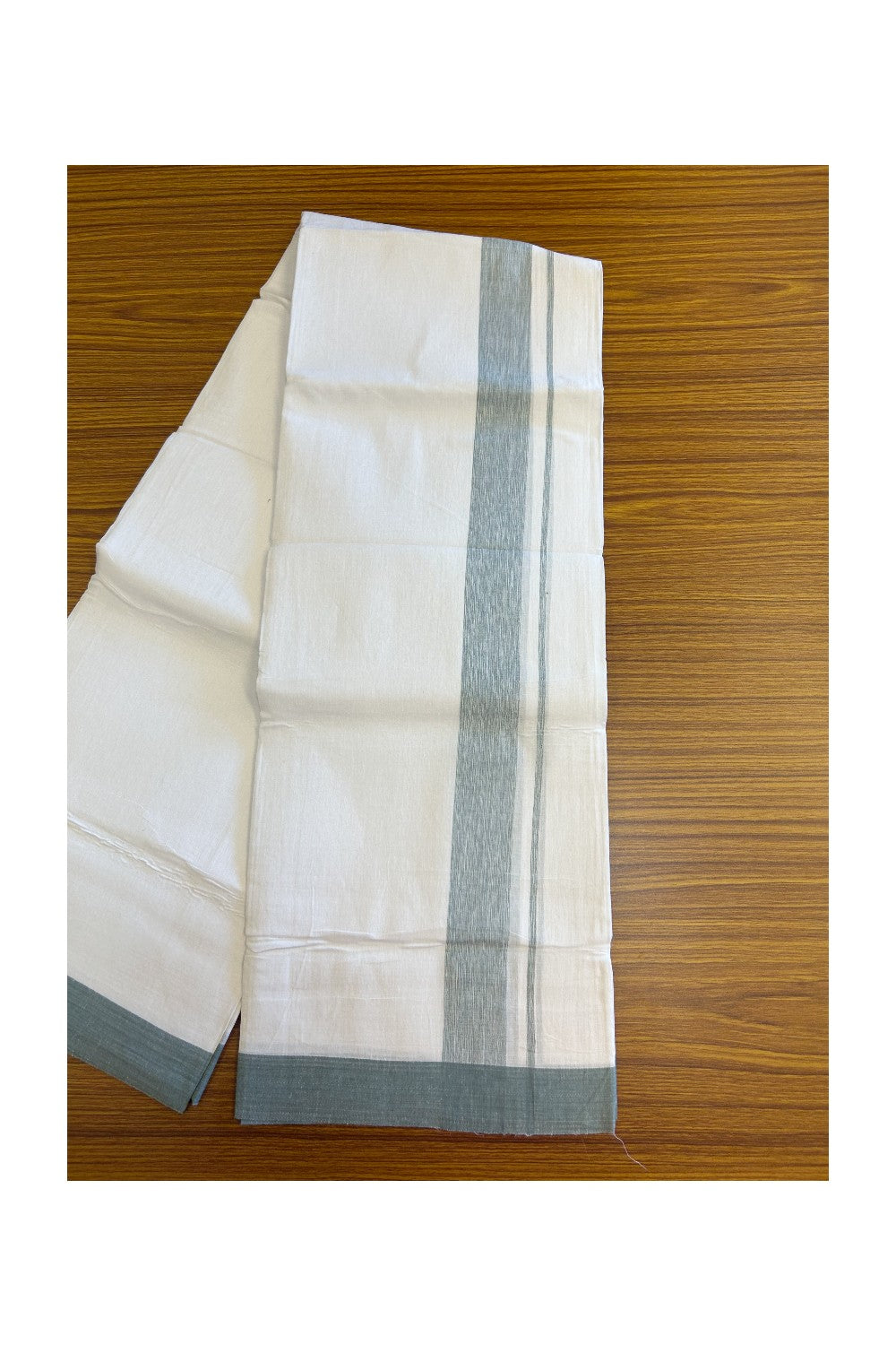 Linen Dhoti NEW! 20% Discount from Kaitharikada.com - Double Mundu/Dhoti 80x90 Thread PURE WHITE - Pure Cotton + Linen -2.25 Inch Ash Green Shaded Kara- 23KK5115THI