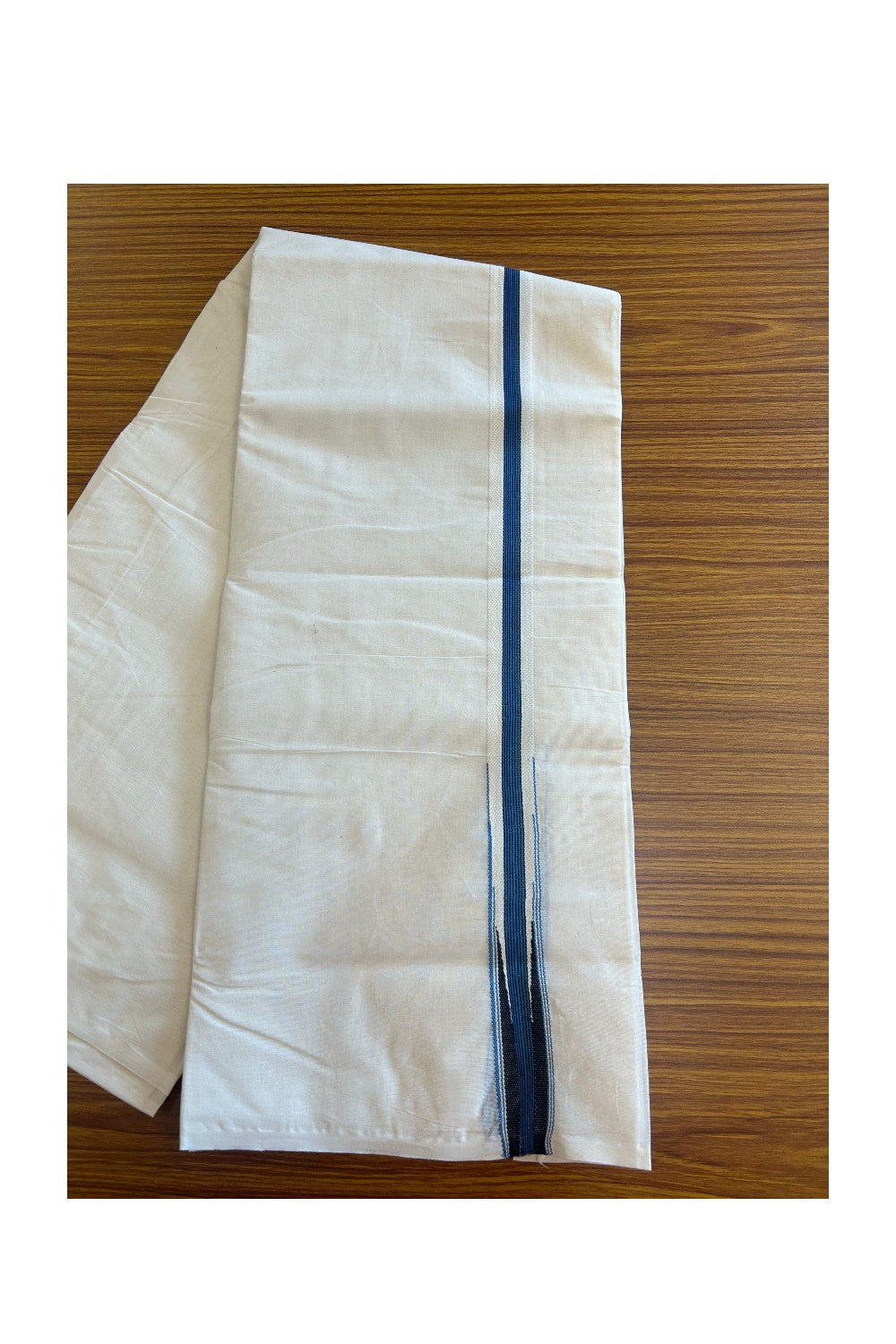 SHORT DHOTI SPECIAL! Kaitharikada.com - 19% Discount! Balaramapuram Double Off white - (Unbleached) Mundu/Dhoti - 100X100 - 1.25 inch Kara & 45 inches Height  Puliyilakkara Blue & Black Striped Chutty Kara - 5KK5117ASH