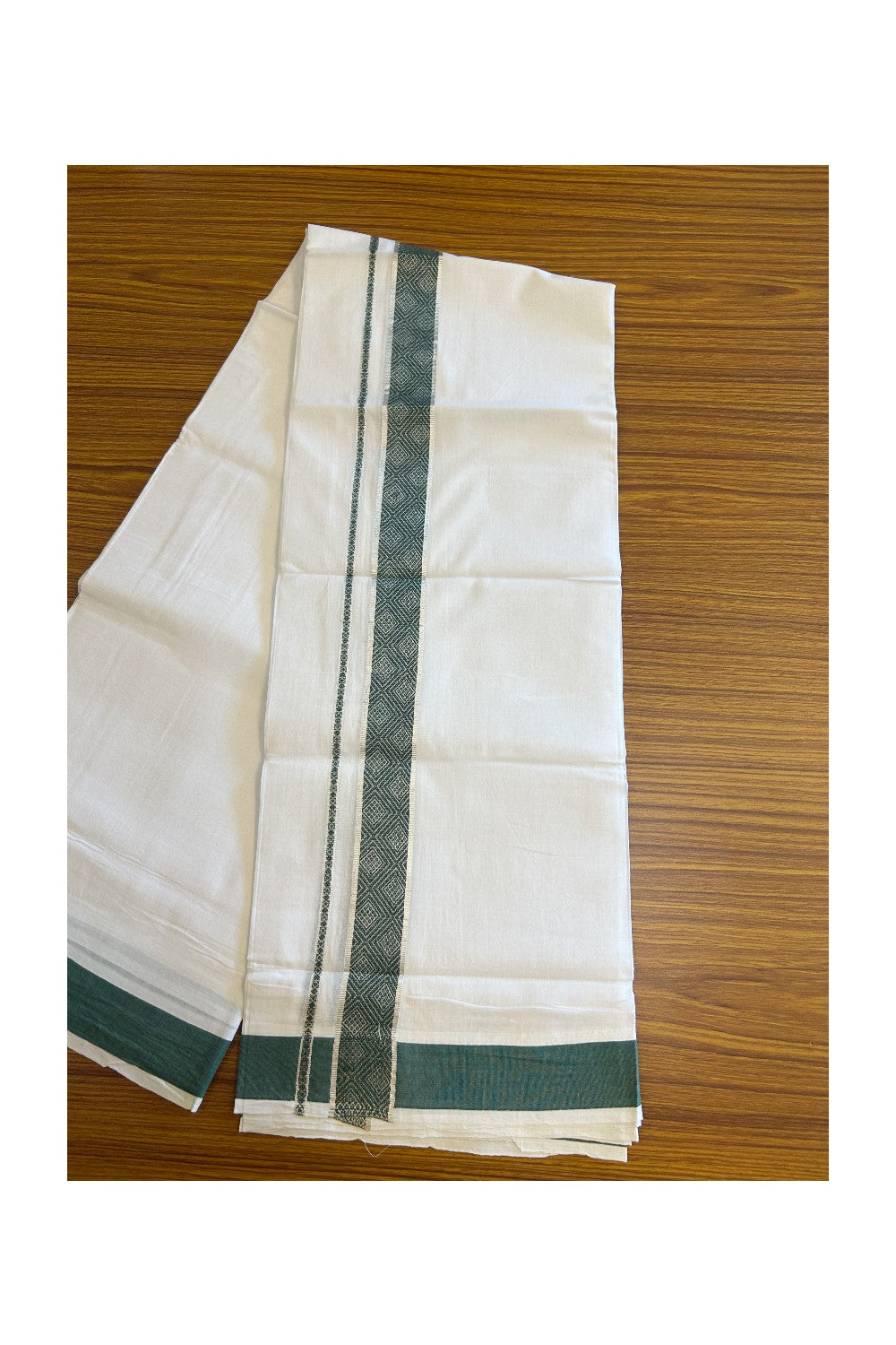 20% DISCOUNT! KaithariKada Balaramapuram 100% Cotton Double PURE white Mundu/Dhoti - 100x80 - 2 Inch Silver kasavu & Green jacquard pattern Kara - 5KK5118PMC