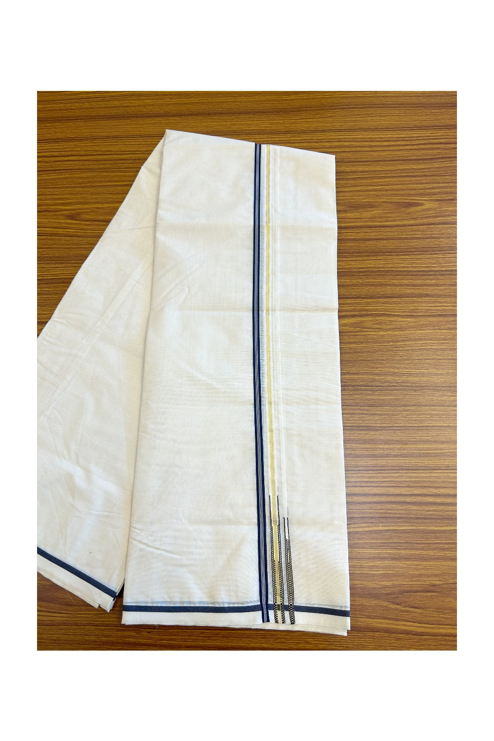 19% DISCOUNT! KaithariKada Balaramapuram 100% Cotton Double Off white - (Unbleached) - Mundu/Dhoti-100x100 1 cm  Chutty Puliyilakkara Navy Blue Striped & Kasavu Kara Double Chutty- 5KK5133ASH