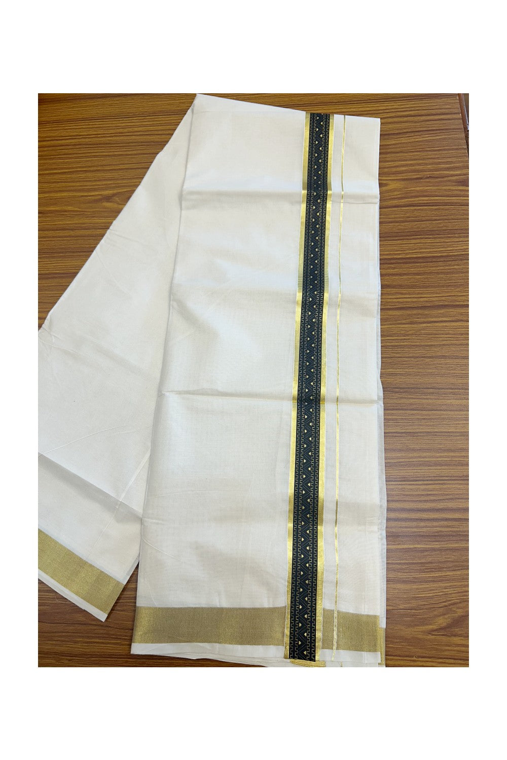 19% Discount !! KaithariKada Balaramapuram 100% Cotton Double Off white - (Unbleached) Mundu/Dhoti-100X80- 1.5 inch Hand Painted Kasavu & Black Design Kara- 5KK5135GAN