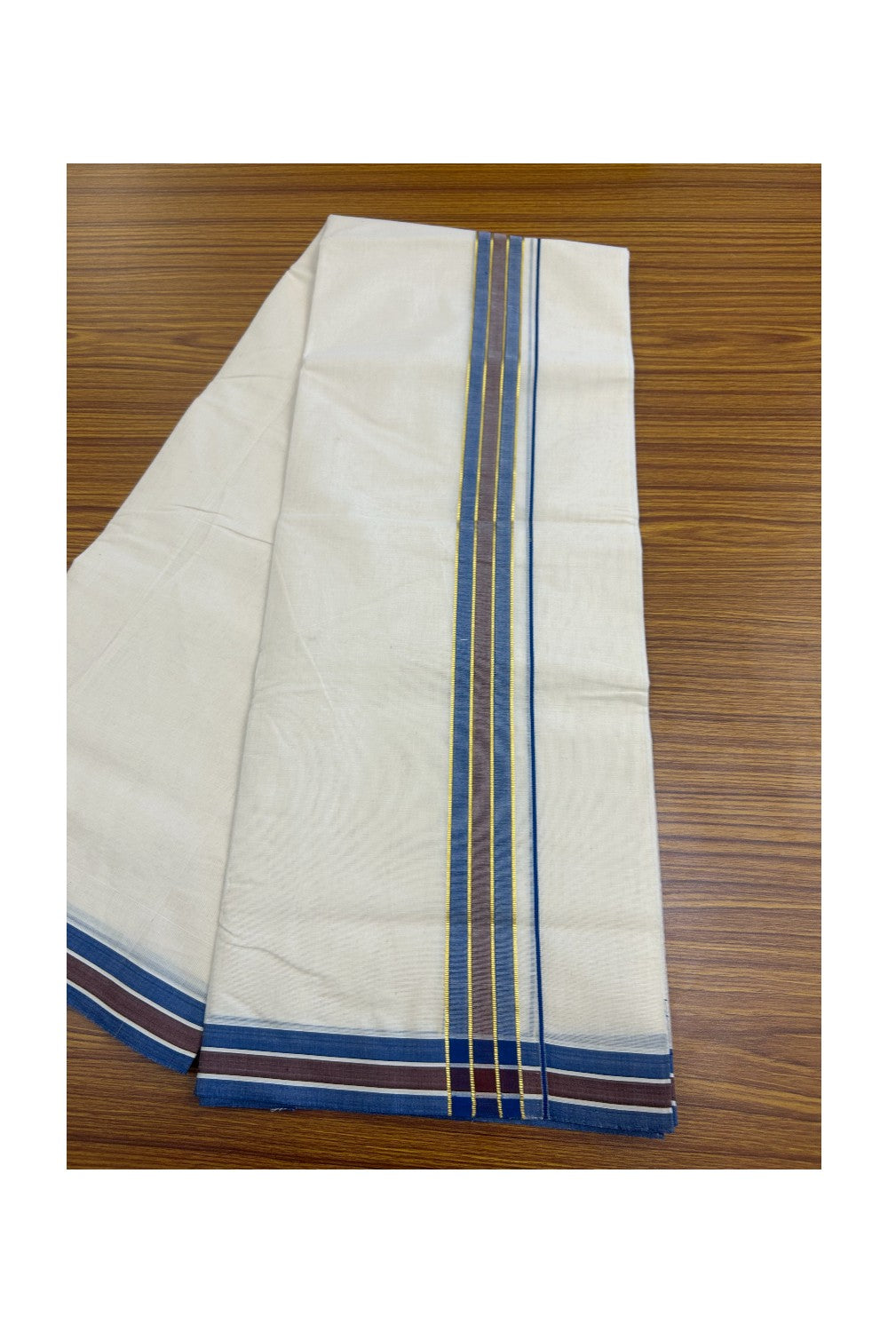 14% Discount !! KaithariKada Balaramapuram 100% Cotton Double Off white - (Unbleached) - Mundu/Dhoti-100X100 - 1.5inch Gold Kasavu & Blue Brown Kara.- 5KK5140ASH