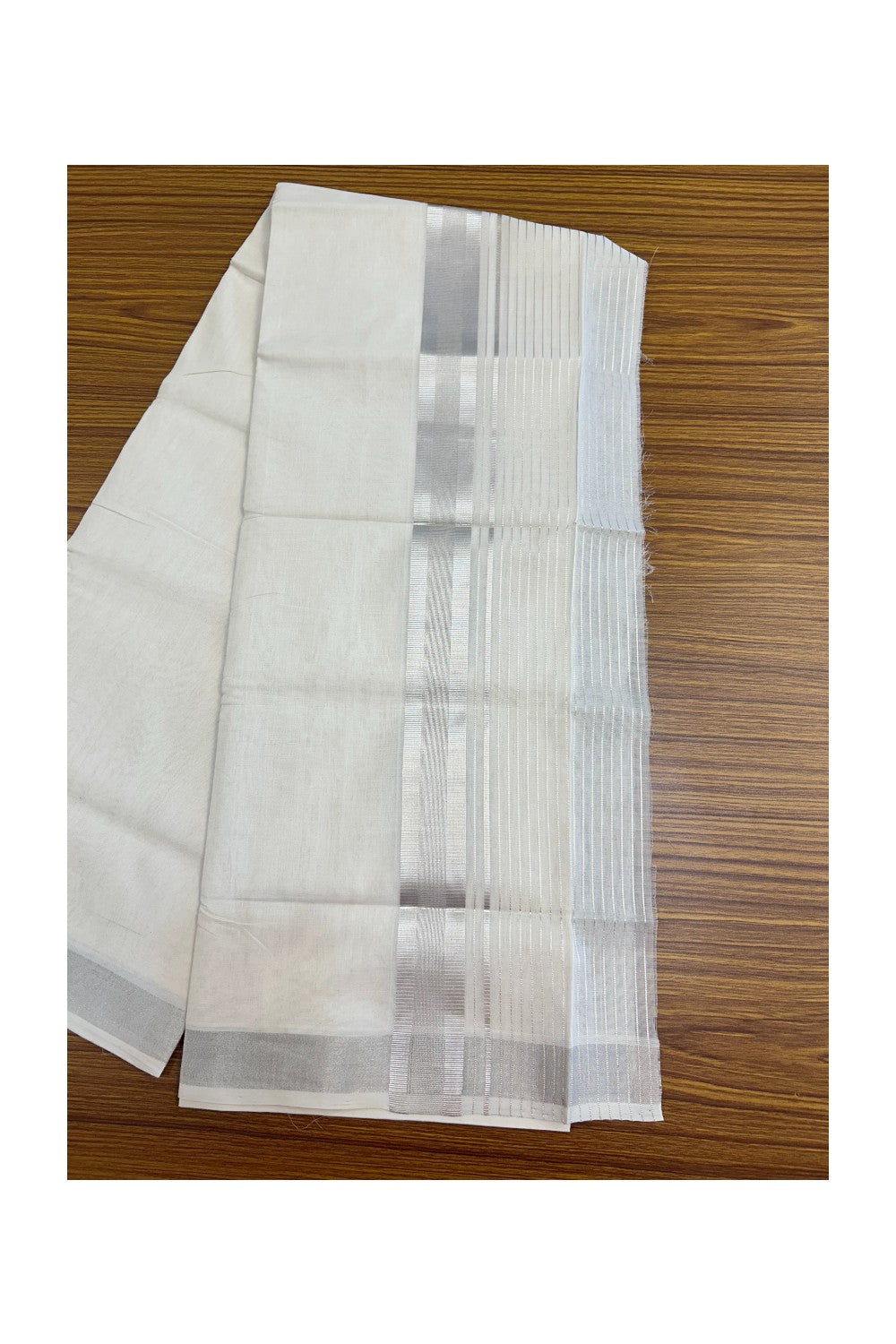 30% Discount !! KaithariKada HANDLOOM unakkupaav Balaramapuram - 100% PURE Cotton Off White (Unbleached) Double Mundu/Dhoti -100x100 - 6.75 inch Silver Kasav Striped Kara - 5KK5141ABH