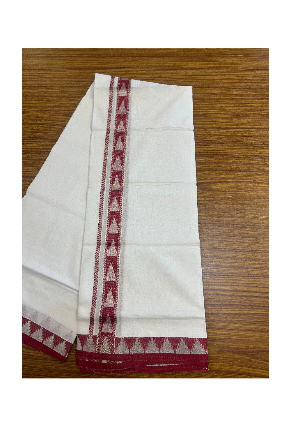 20% DISCOUNT! KaithariKada Balaramapuram 100% Cotton Double PURE white Mundu/Dhoti - 100x80 - 1.25 Inch Magenta Red & Silver kasavu Temple Design Kara - 5KK5147PMC