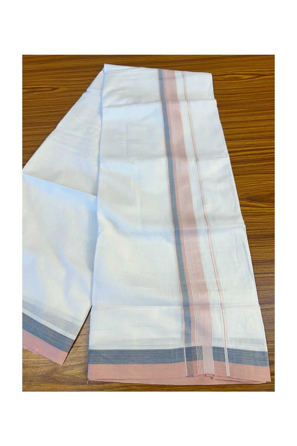 21% DISCOUNT!! Kaitharikada Balaramapuram 100% Cotton Ultra WHITE Double Mundu/Dothi-100x80  2.5 Inch LIGHT PEACH,BLUE & WHITE STRIPED Cotton Kara - 5KK63VIN.