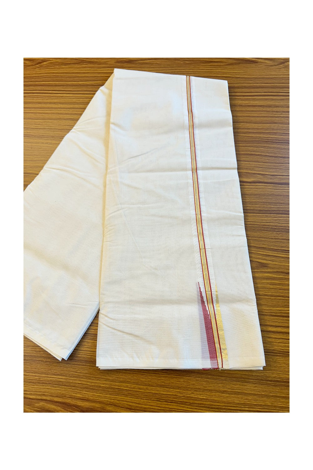 21% DISCOUNT! KaithariKada Balaramapuram 100% Cotton Double Off white Mundu/Dhoti-100x100 Kasavu & Red Chutty Puliyilakkara - 5KK72RAM