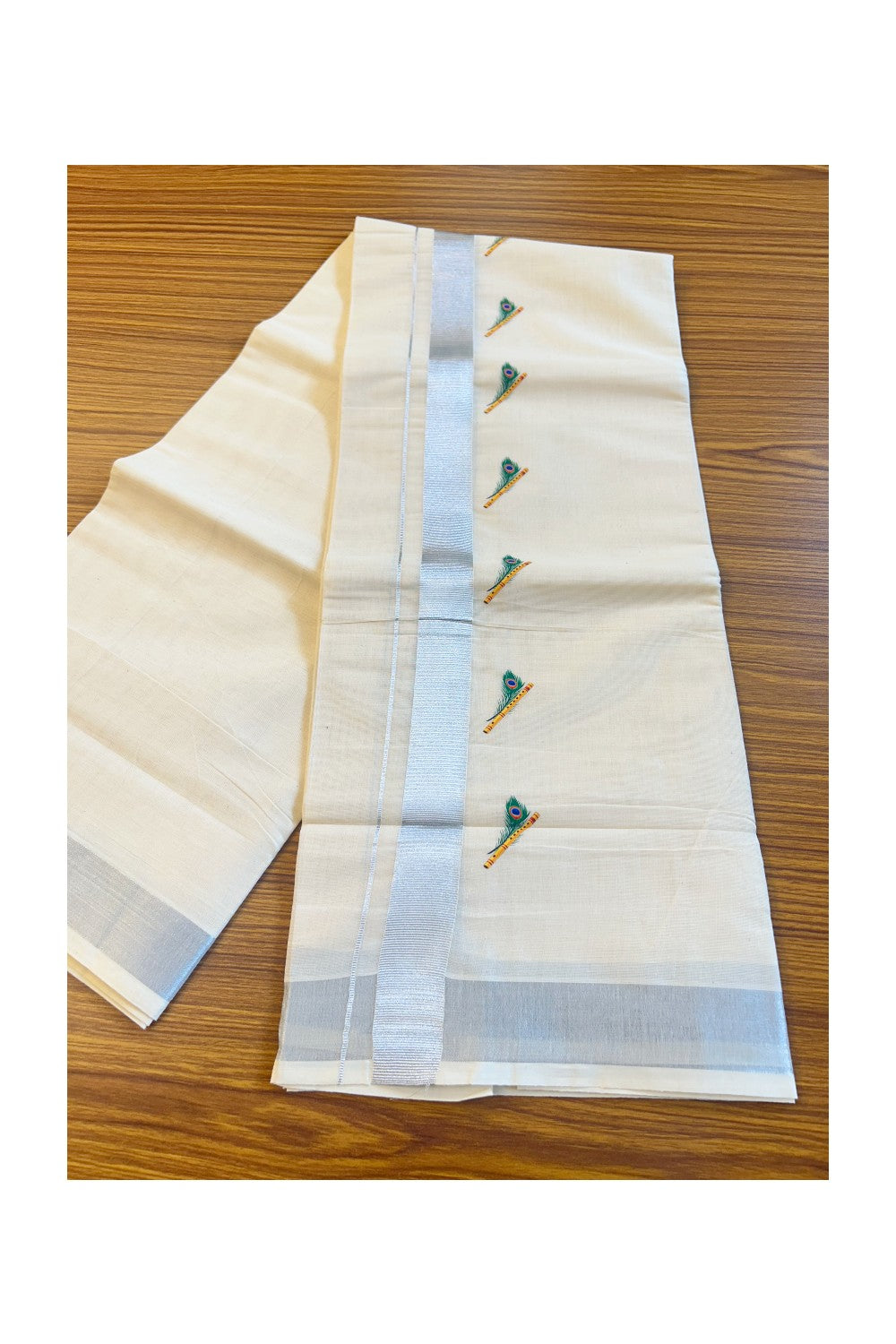 18% Discount !! KaithariKada Balaramapuram 100% Cotton Double Off white Mundu/Dhoti-80x72-  Hand Painted Silver Kasavu Peacock feather flute Design - 5KK78PMC