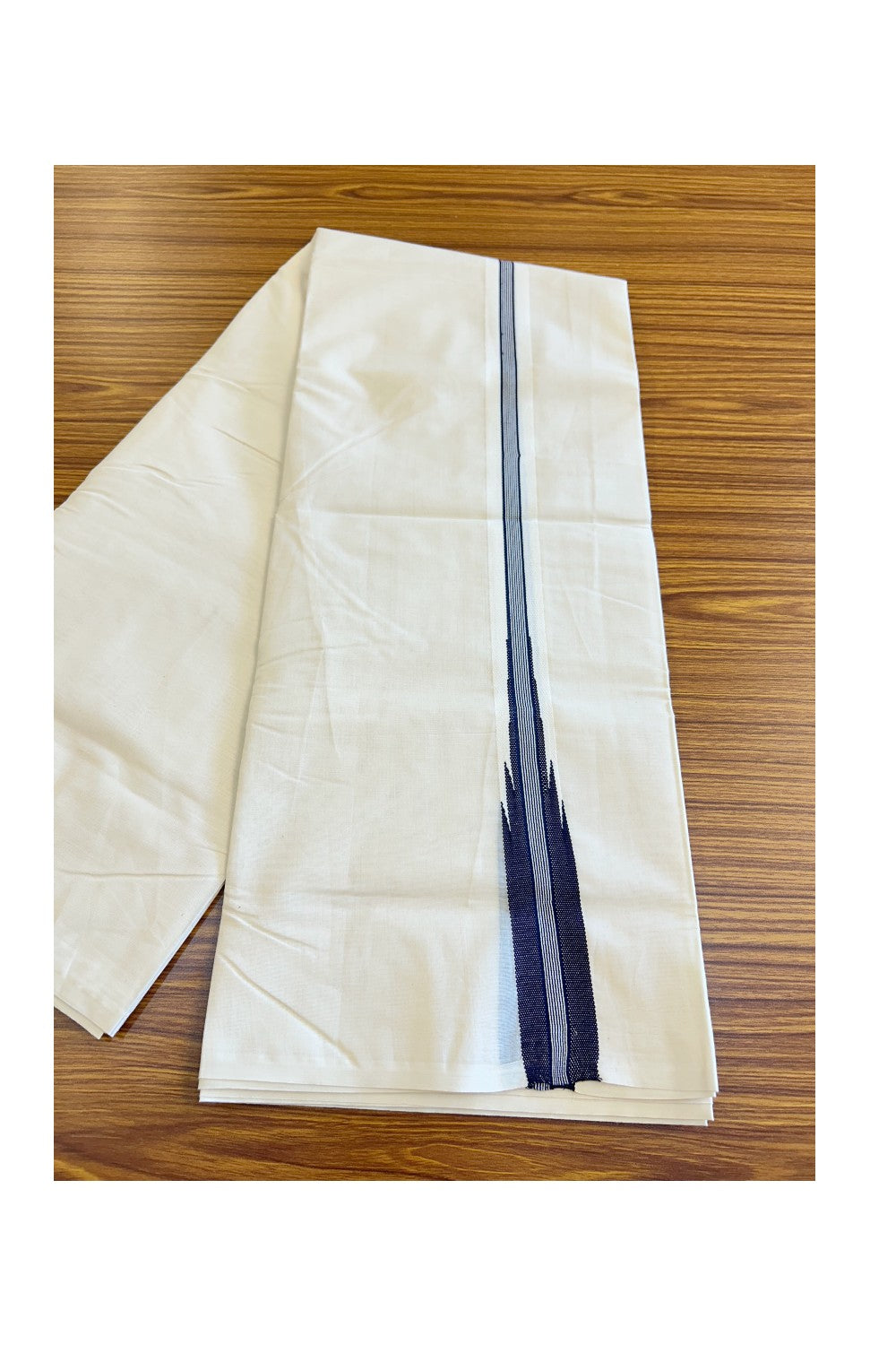 21% Discount ! KaithariKada Balaramapuram 100% Cotton Double Off white - (Unbleached) Mundu/Dhoti-100x100 Puliyilakkara 1.5inch Chutty NAVY BLUE & WHITE STRIPED TEMPLE CHUTTY KATTIKARA- 5KK87ASH