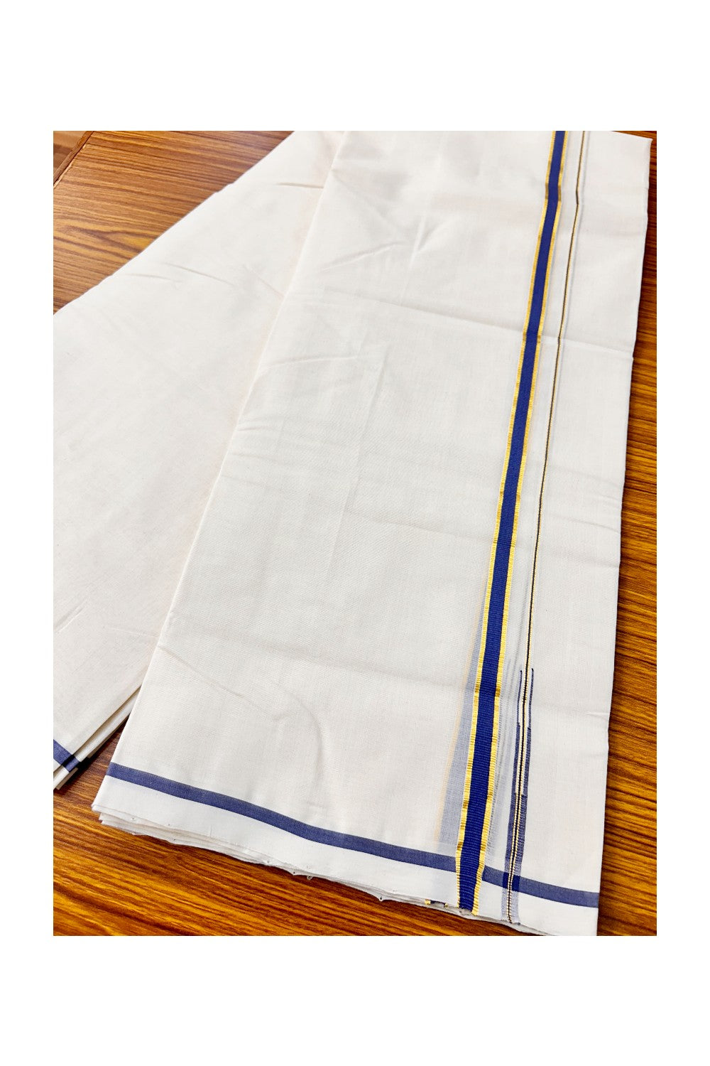 15% DISCOUNT! KaithariKada BALARAMAPURAM HANDLOOM Millpaav- 100% PURE Cotton 100x100 Double Mundu/Dhoti OFF WHITE (Unbleached) - PULIYILAKKARA Navy Blue & Kasavu 0.5 inch KARA-5RAM