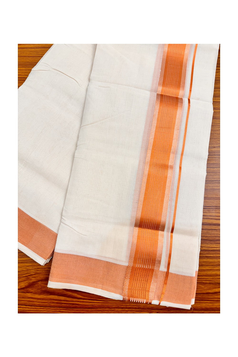 15% DISCOUNT ! KaithariKada HANDLOOM Unakkupaav Balaramapuram - 100% PURE Cotton Off White Double Mundu/Dhoti - Copper Striped 2.5 inch KARA- 5KK44RAM.