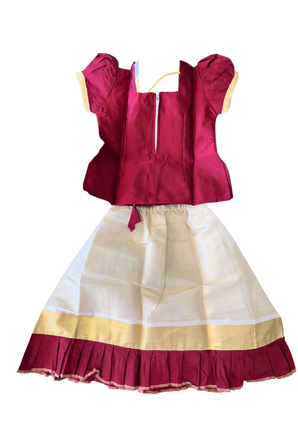 Midukki-Traditional South Indian Kids Pattu Pavada- Maroon top tissue skirt with frill bottom- Age 3 - KK3MID005