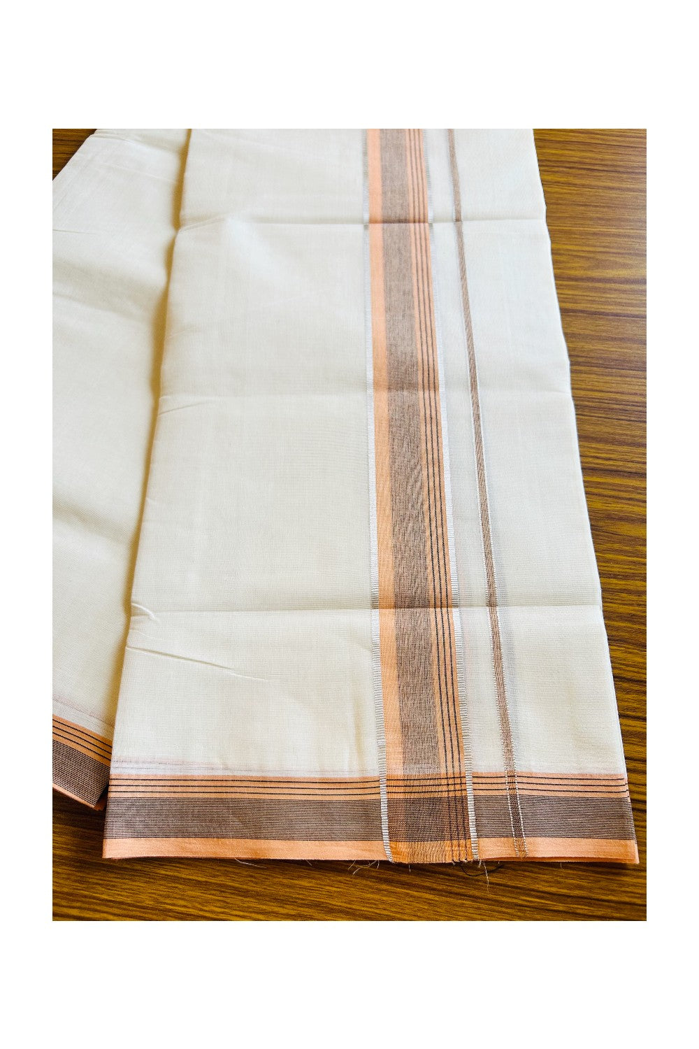 18% DISCOUNT!!! KaithariKada Balaramapuram 100%  Cotton off white Double  Mundu/Dhoti - 100X100  Orange Black& Silver stripes kara - 5KK401VIN