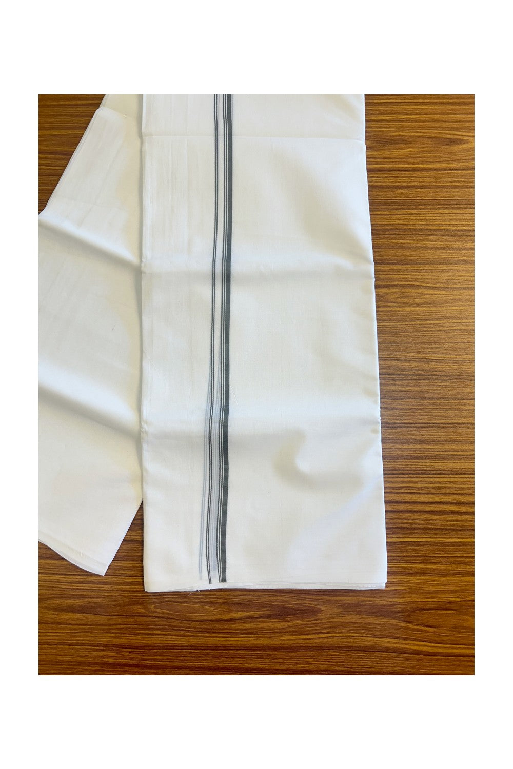 26% DISCOUNT ! KaithariKada Balaramapuram 100% Cotton Double Pure white Mundu/Dhoti-100X100 - Ash Gray & Stripes 2cm Kara.- 5KK406ASH