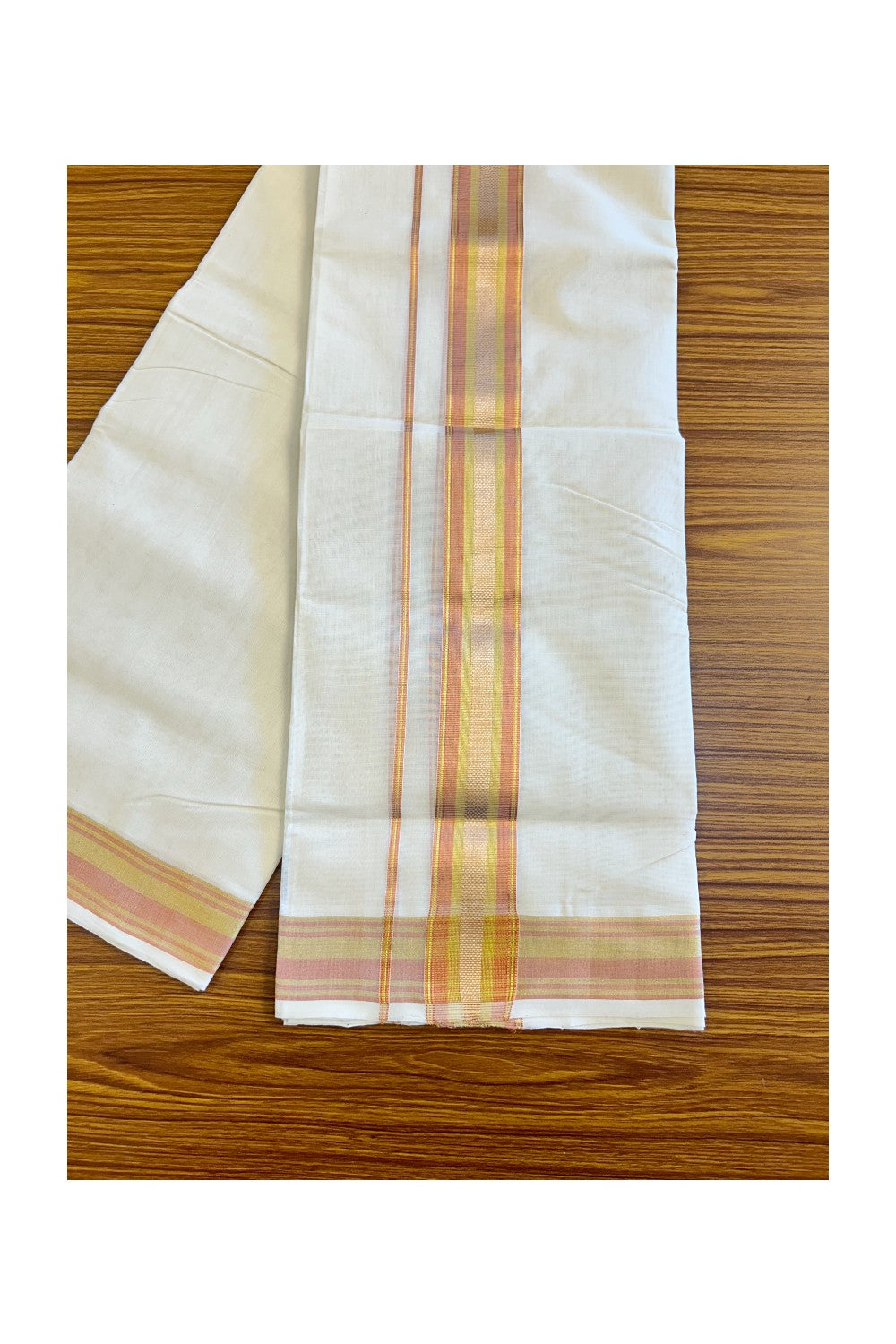 18% DISCOUNT!! KaithariKada HANDLOOM Millpaav Balaramapuram - 100% PURE Cotton OFF White Double Mundu/Dothi - 3 inch Copper & kasavu kara - 5KK410RAM