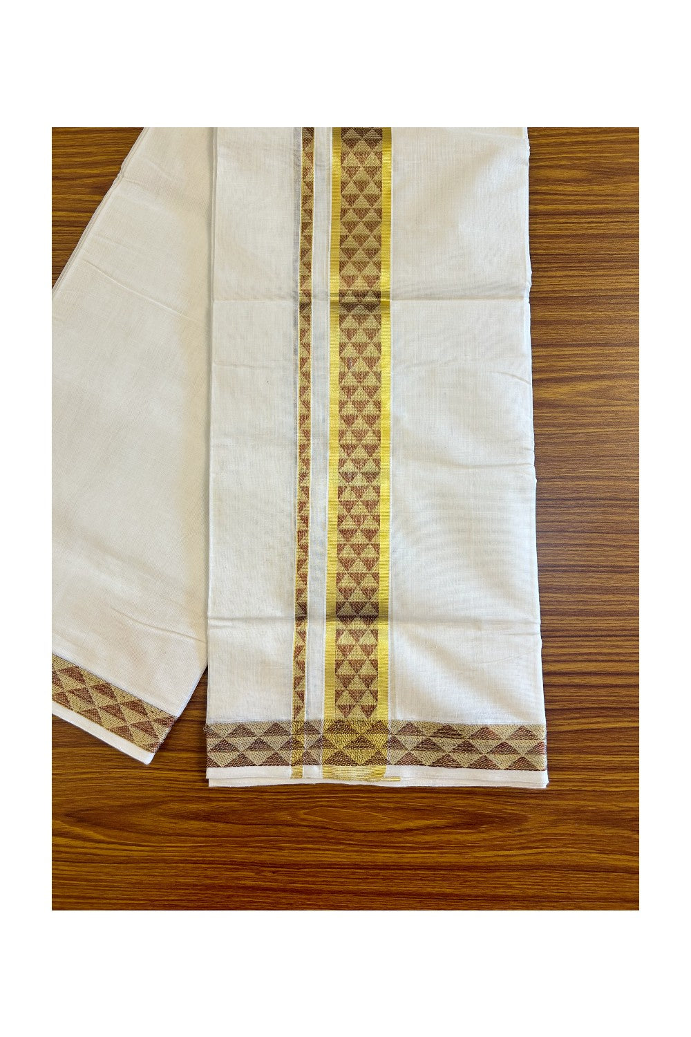 15% Discount!!! KaithariKada HANDLOOM UNAKKUPAAV Balaramapuram - 100% PURE Cotton off white Double Mundu/Dhoti - 3 inch Kasavu & Maroon triangle pattern kara - 5KK415SOM