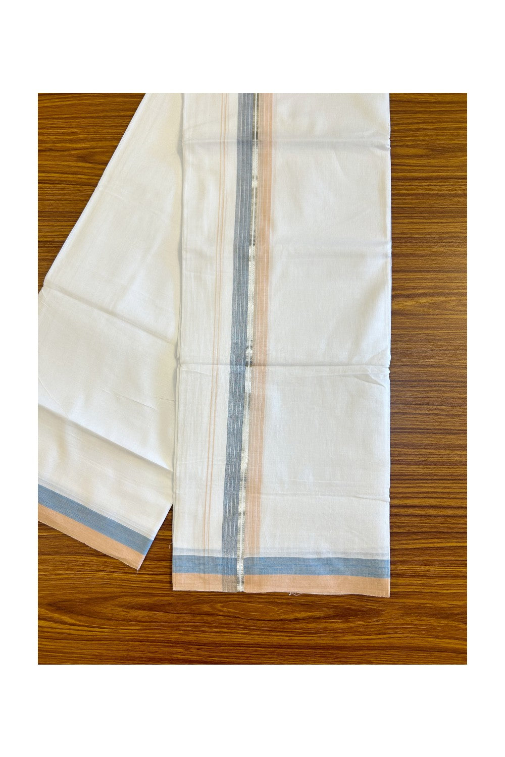 28% DISCOUNT!!! KaithariKada Balaramapuram 100% Cotton PURE white Double Mundu/Dhoti-100x90   2.25 Inch Silver kasavu Sand Brown & Blue shaded stripes kara  - 5KK448VIN