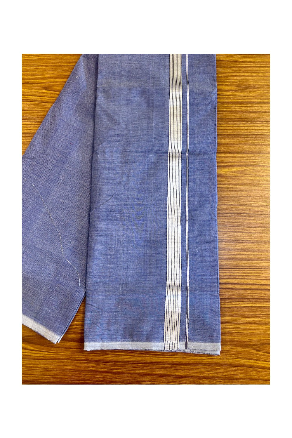 15% Discount! KaithariKada Handloom 100% Cotton Double Mundu/Dhoti - Blue Colour Body & Silver Striped 1.5inch Kara 3.80 mtr - 5KK452SOM