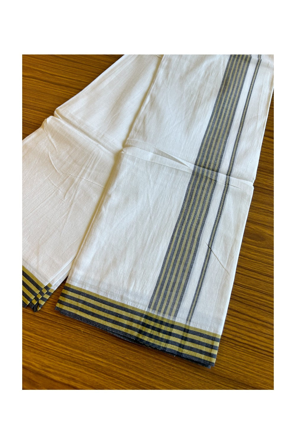 29% DISCOUNT! KaithariKada Balaramapuram 100% Cotton Ultra WHITE Double Mundu/Dhoti-100x100 2.25 inch  Olive green & Black Stripes Cotton kara 3.70m- 5KK493RAM