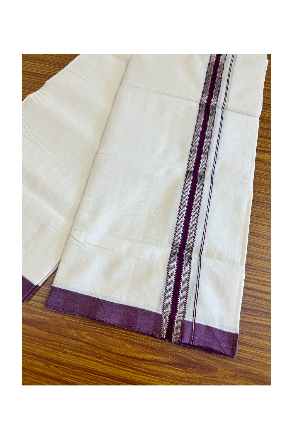 21% DISCOUNT! KaithariKada BALARAMAPURAM HANDLOOM UNAKKUPAAV - 100% PURE Cotton OFF WHITE - (Unbleached) Double Mundu/Dhoti - 1.5inch Purple & Silver Kara - 5KK498KK