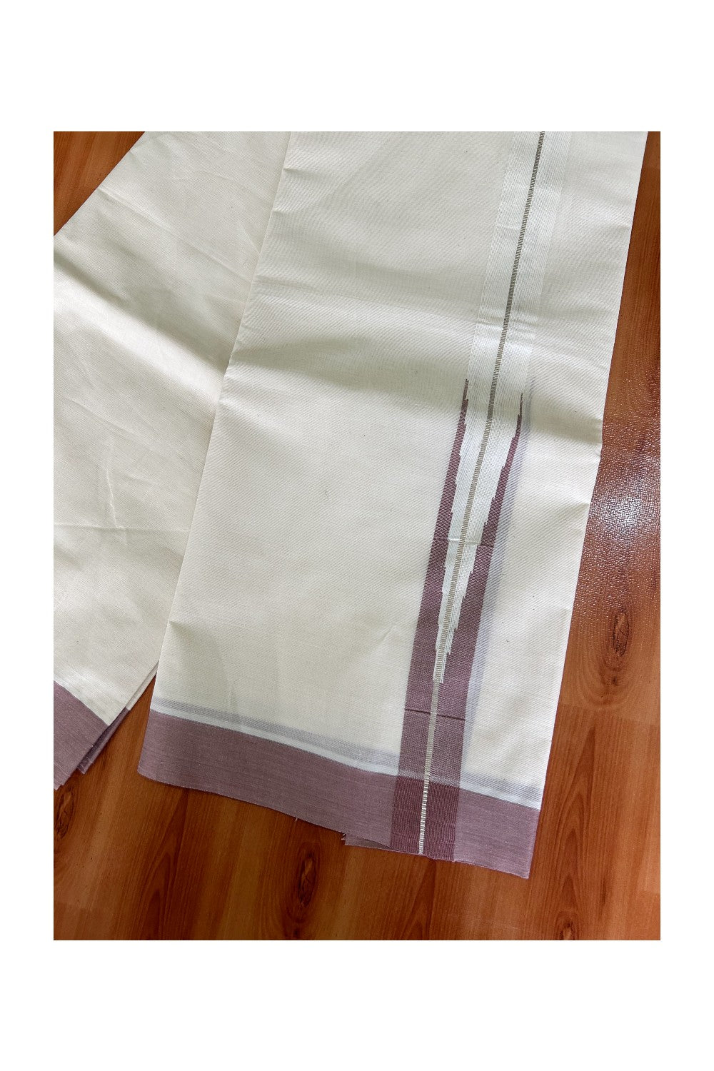 21% Discount KaithariKada Balaramapuram 100% Cotton off white - (Unbleached) Double Mundu/Dhoti - Puliyilakkara Pastel Brown & Silver Big Chutty kara - 5KK5003PMC