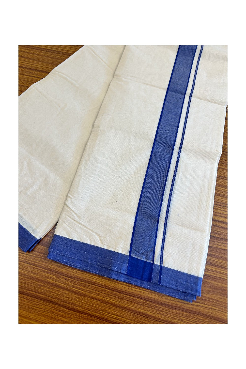 10% Discount KaithariKada Balaramapuram 100% Cotton Double Off white Mundu/Dhoti-100x80 - 2 inch Deep Blue Kara- 5KK500KK