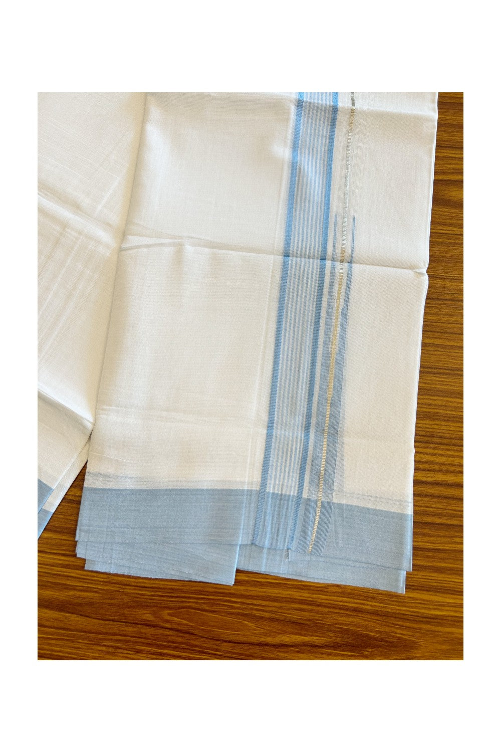 Kaitharikada  Balaramapuram 100% Pure Cotton PURE WHITE Double Mundu/Dothi - 80x92 - 1.5 Inch Sky Blue & Silver striped Chutty kara - 5KK5022VAN