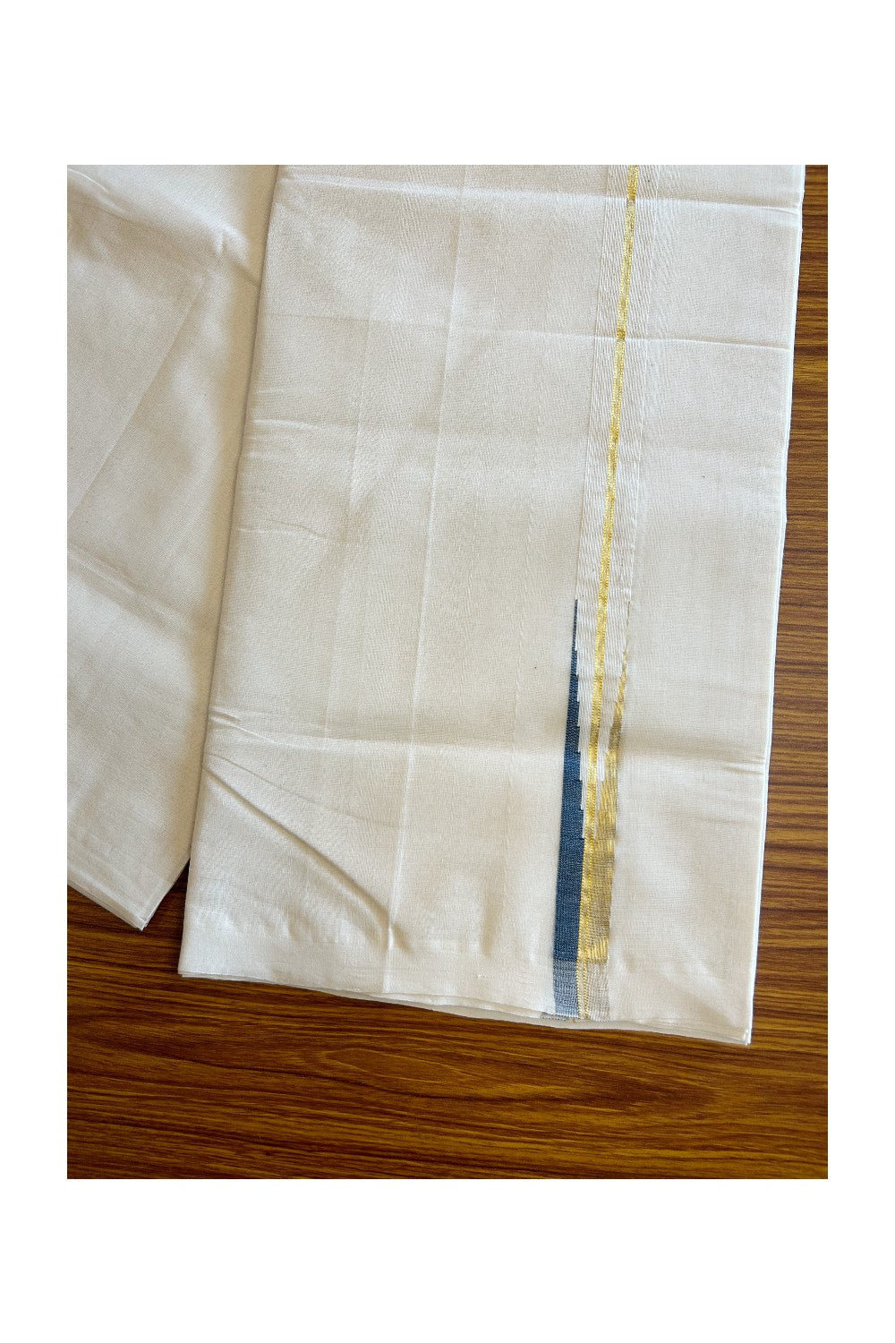 15% DISCOUNT!! KaithariKada HANDLOOM Millpaav Balaramapuram - 100% PURE Cotton OFF White Double - (Unbleached) Mundu/Dothi - 1 inch puliyilakkara Kasavu & Peacock Blue chutty- 5KK5029RAM