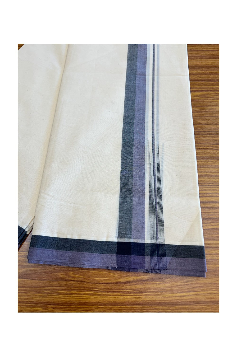 5% Discount!!! KaithariKada Balaramapuram  Double Off white - (Unbleached) Mundu/Dhoti - 80X90 - 1.75 inch Black & Purple shaded puliyilakkara striped chutty - 5KK5037KAI