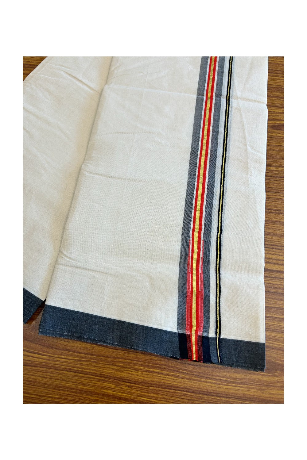 18% DISCOUNT!! Kaitharikada Balaramapuram 100% Cotton off WHITE Double - (Unbleached) Mundu/Dothi-100x100 Puliyilakkara Chutty Kasavu Black & Deep RED Kara - 5KK5039ASH