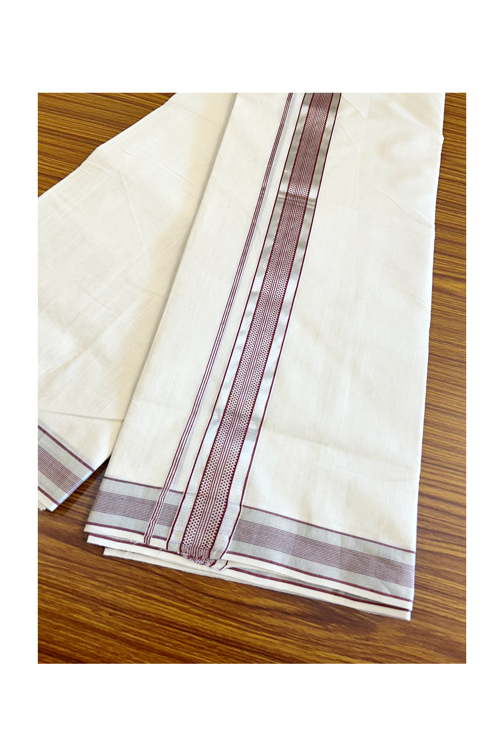 21% DISCOUNT!! KaithariKada HANDLOOM Millpaav Balaramapuram - 100% PURE Cotton OFF White Double Mundu/Dothi - 2.5 inch MAROON & Silver stripes kara - 5KK503RAM