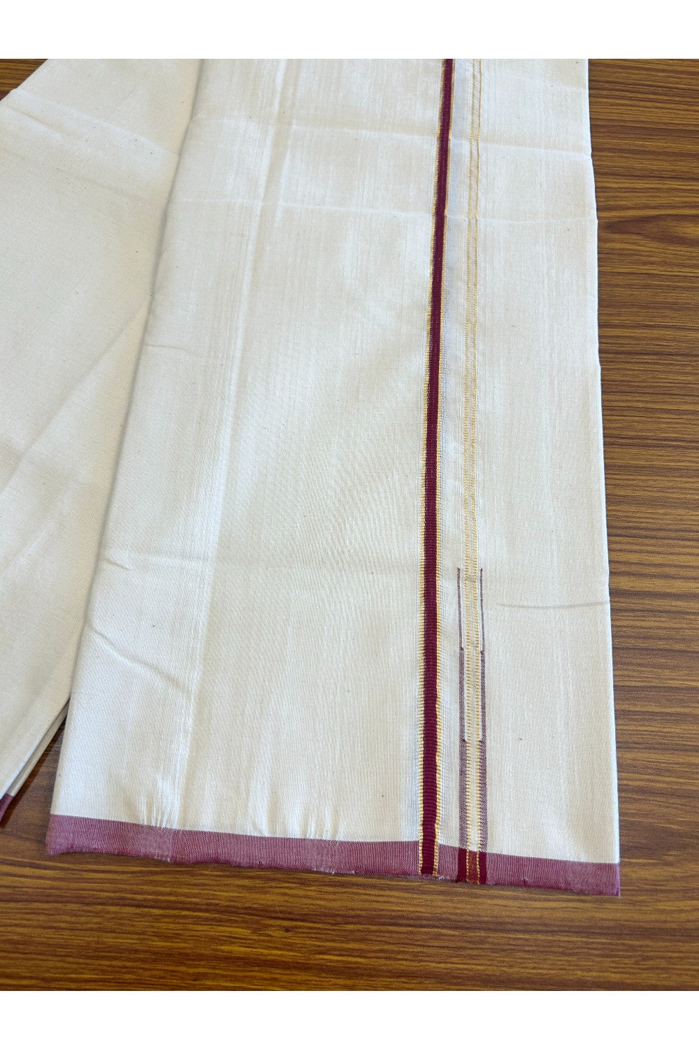 SIGNATURE KAITHARIKADA EXCLUSIVE SINGLE DHOTI - 100% Cotton Balaramapuram HANDLOOM Single Mundu/Dhoti - Off White - (Unbleached) 1 cm Maroon & KASAVU Chutty Kara- 5KK5040KAI