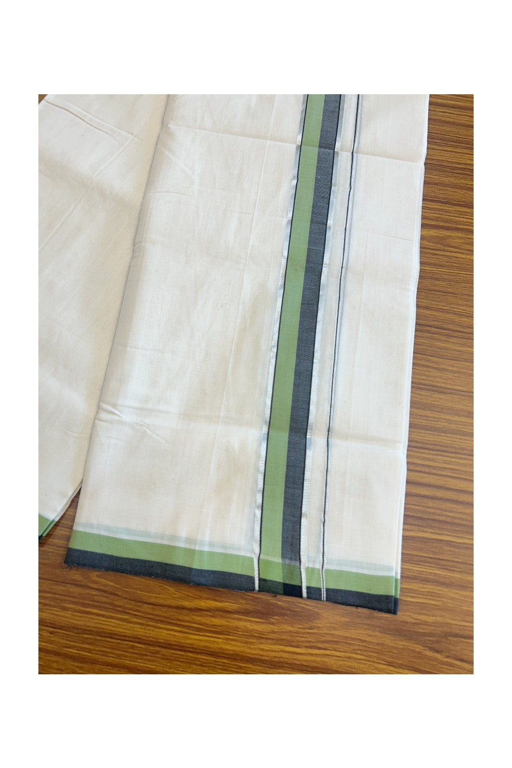 21% Discount KaithariKada HANDLOOM Unakkupaav Balaramapuram - 100% PURE Cotton off white (Unbleached) Double Mundu/Dhoti -  2.inch  Silver Kasavu Green & Black-155